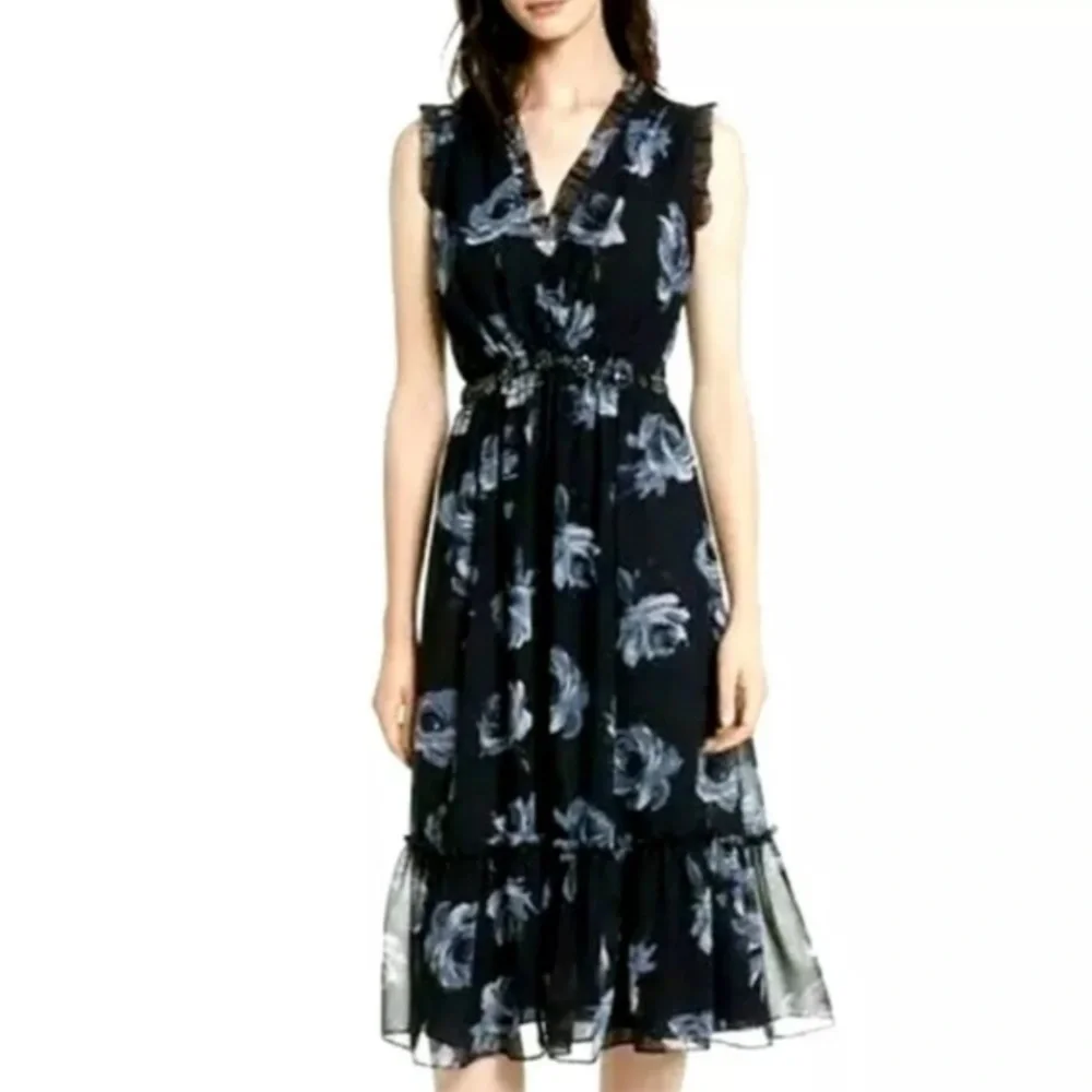 Kate Spade Navy and Light Blue Floral Chiffon Embellished Midi Length Dress XS